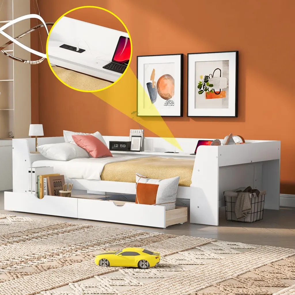 Twin Daybed Shelves, Drawers, and Charging Station - Modern Storage Bed wm store