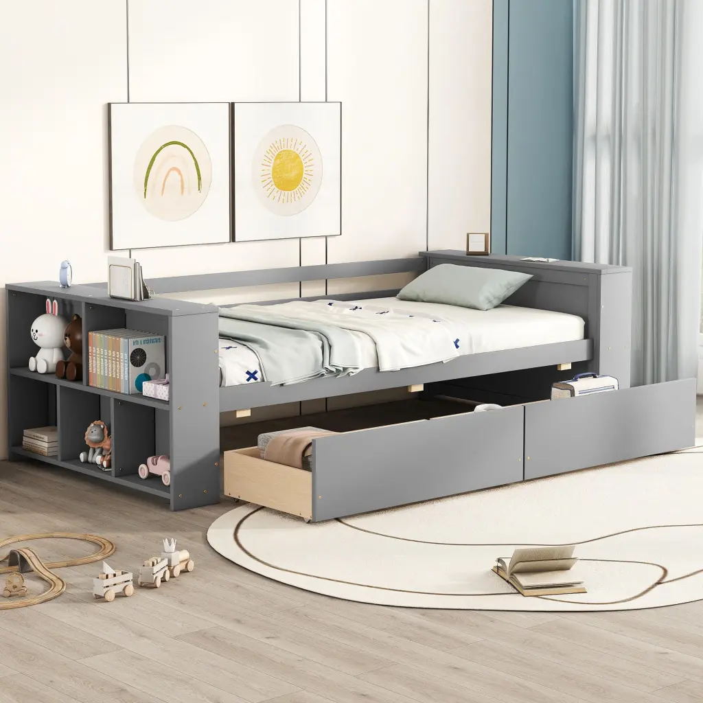 Twin Dimensions Daybed Shelves And Drawers Gray Pine wm store