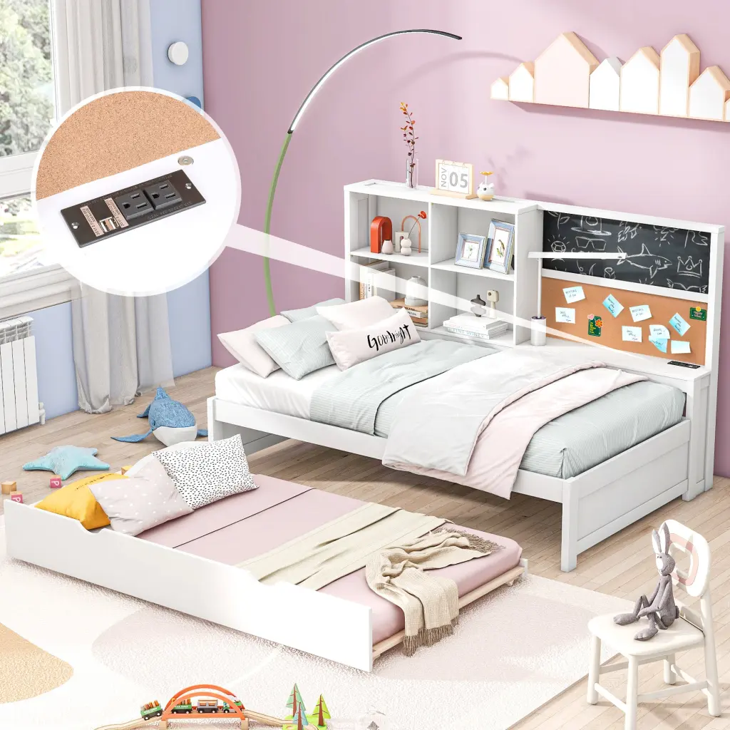 Twin Dimensions Daybed Storage Shelves Blackboard Cork Board USB Port wm store