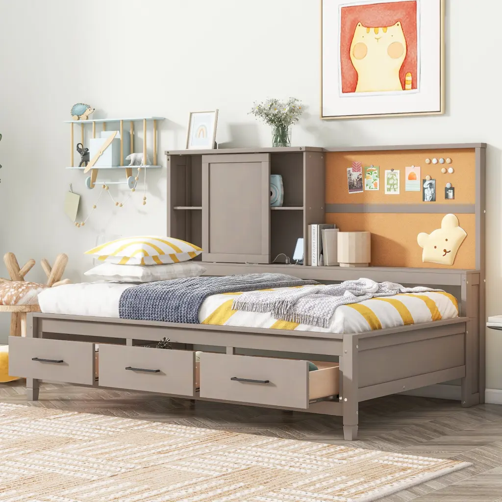 Twin Dimensions Lounge Daybed Storage Shelves Cork Board USB Ports wm store