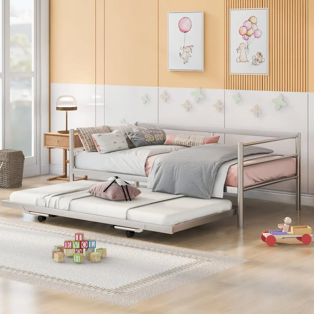 Twin Metal Daybed Customizable Trundle Pop Up Trundle Silver Modern Bed wm store