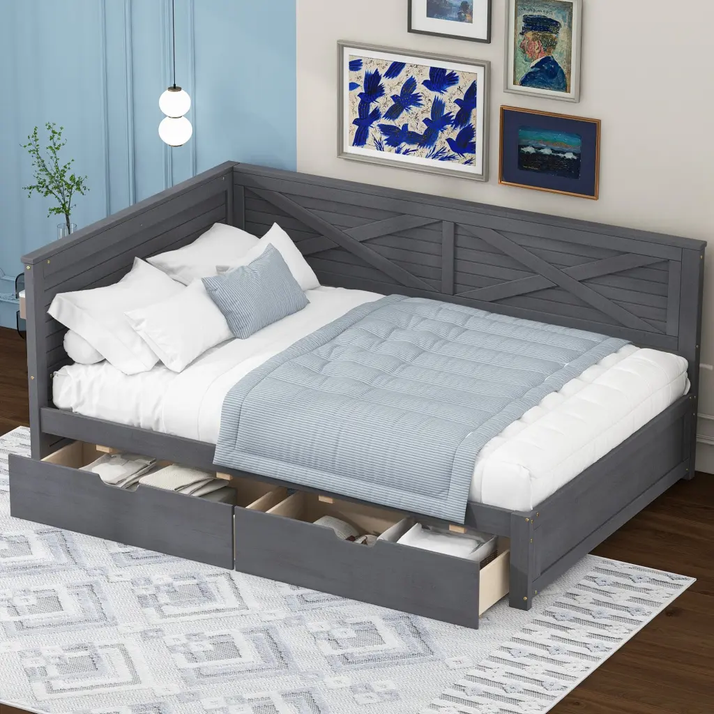 Twin Size Wood Daybed 2 Drawers and Rustic Guardrail wm store