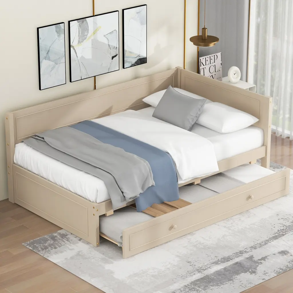 Twin Size Wood Daybed Trundle and Guardrail Beige Box Spring wm store