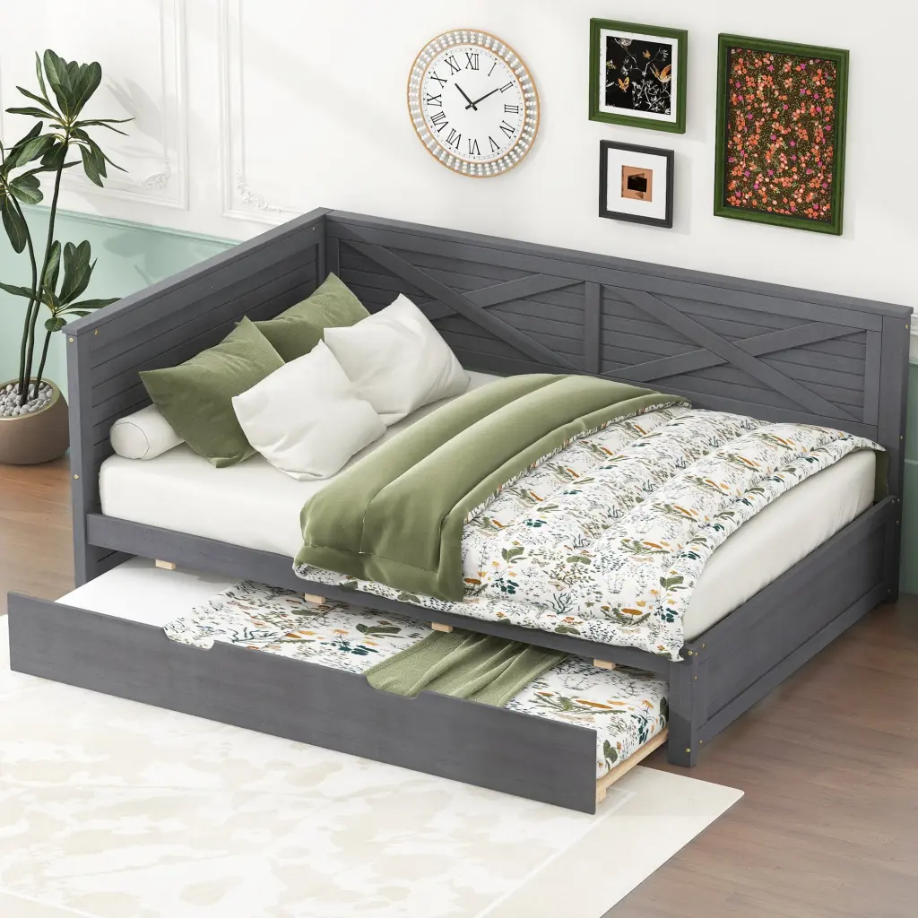 Twin Size Wood Daybed Trundle and Rustic Guardrail Ancient Grey wm store