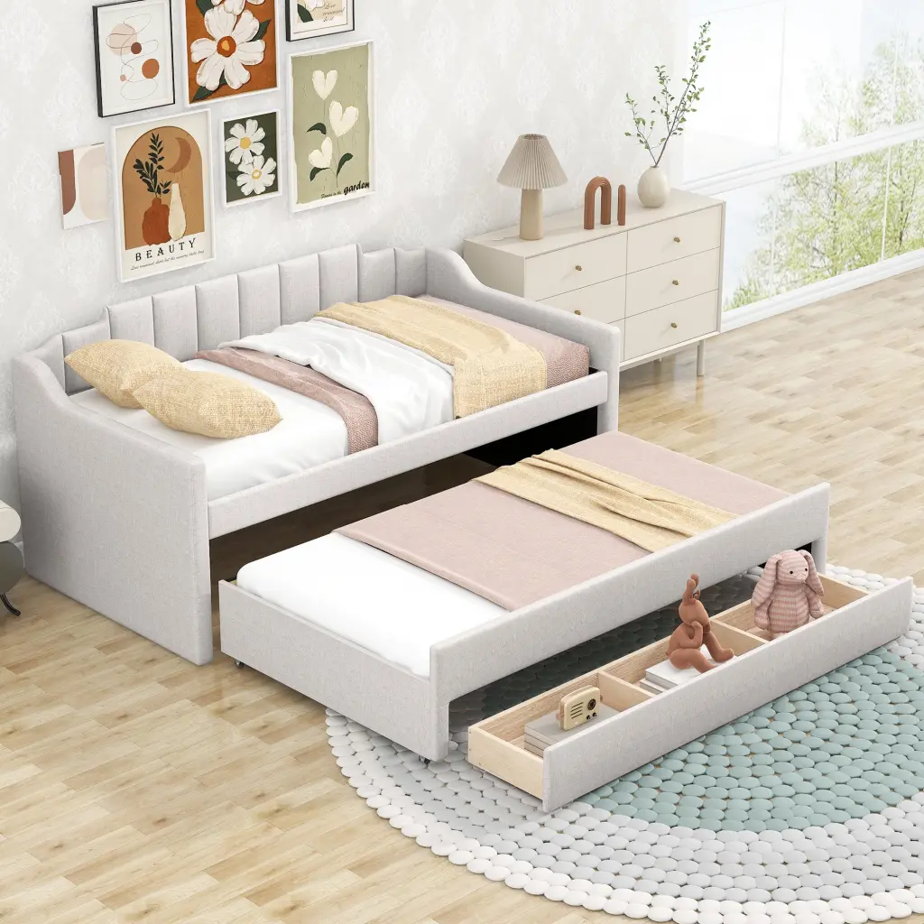 Twin Upholstered Daybed Trundle And 3 Drawers Beige Storage wm store