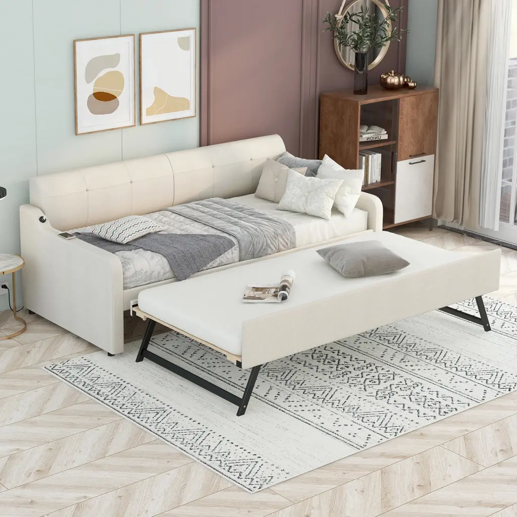 Twin Upholstery Daybed Trundle and USB Charging Modern Design wm store