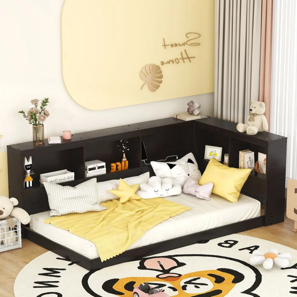 Wood Twin Daybed Storage Cabinets And USB Ports Espresso Finish wm store