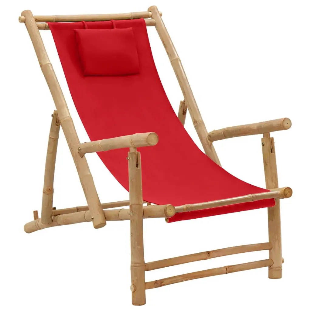 Deck Chair Bamboo and Canvas Red Outdoor Lounge Chair