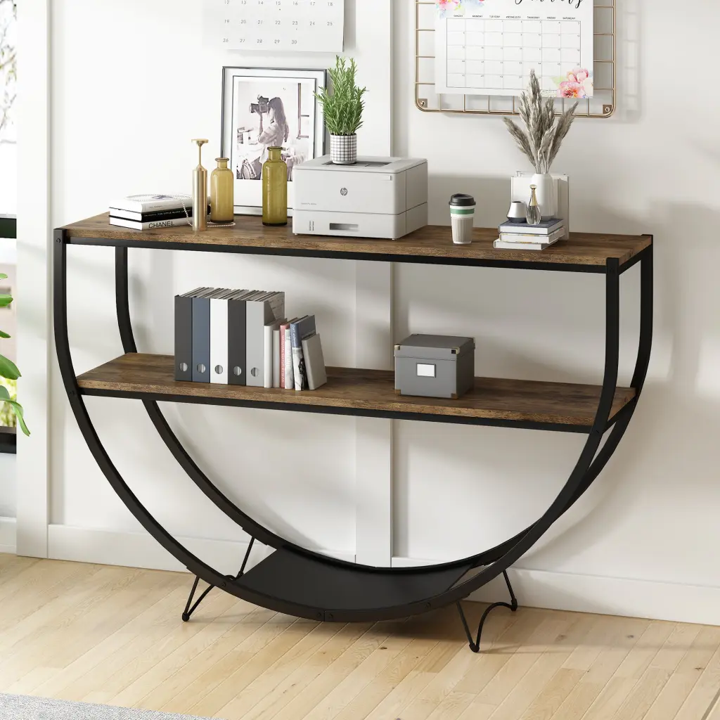 Rustic Industrial Design Demilune Table Textured Metal and Distressed Wood rnb