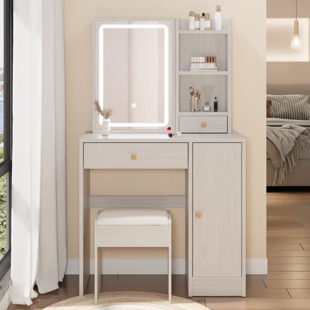 Right Cabinet Desktop Vanity Table Cushioned Stool and Extra Large Sliding Drawer rnb