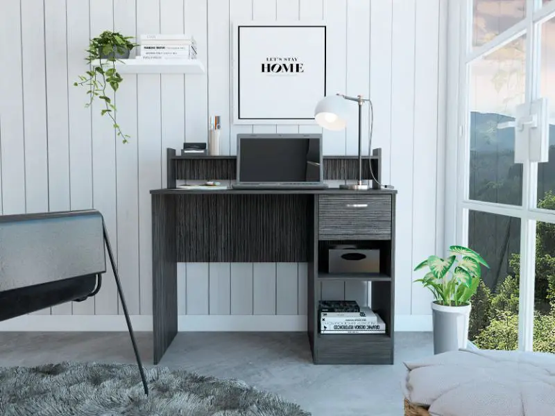 Portland 2 Shelf 1 Drawer Writing Desk Smokey Oak and Smoke Grey furniture max