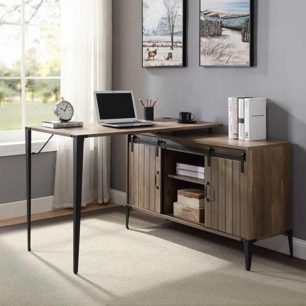 Rustic Oak L Shaped Writing Desk USB Port and Built Outlets furniture max