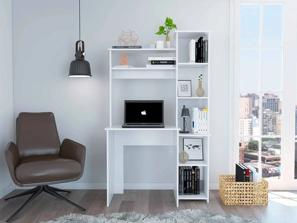 White 6 Shelf Writing Desk Built Bookcase White Particle Board furniture max