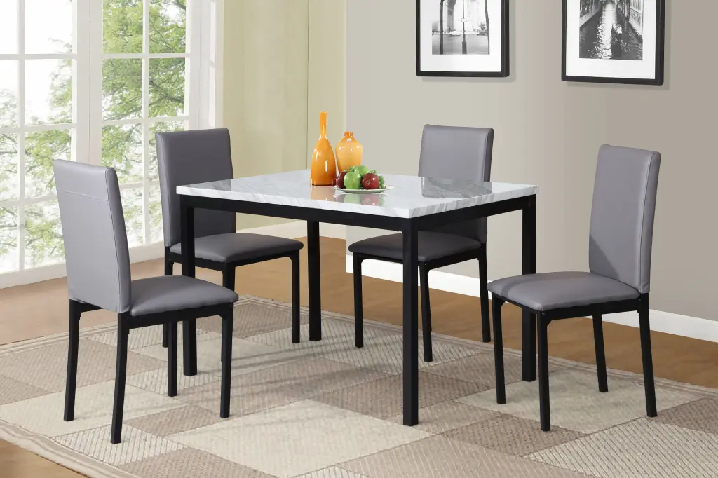 Citico 5 Piece Metallic Dinette Set Laminated Off White Faux Stone hz