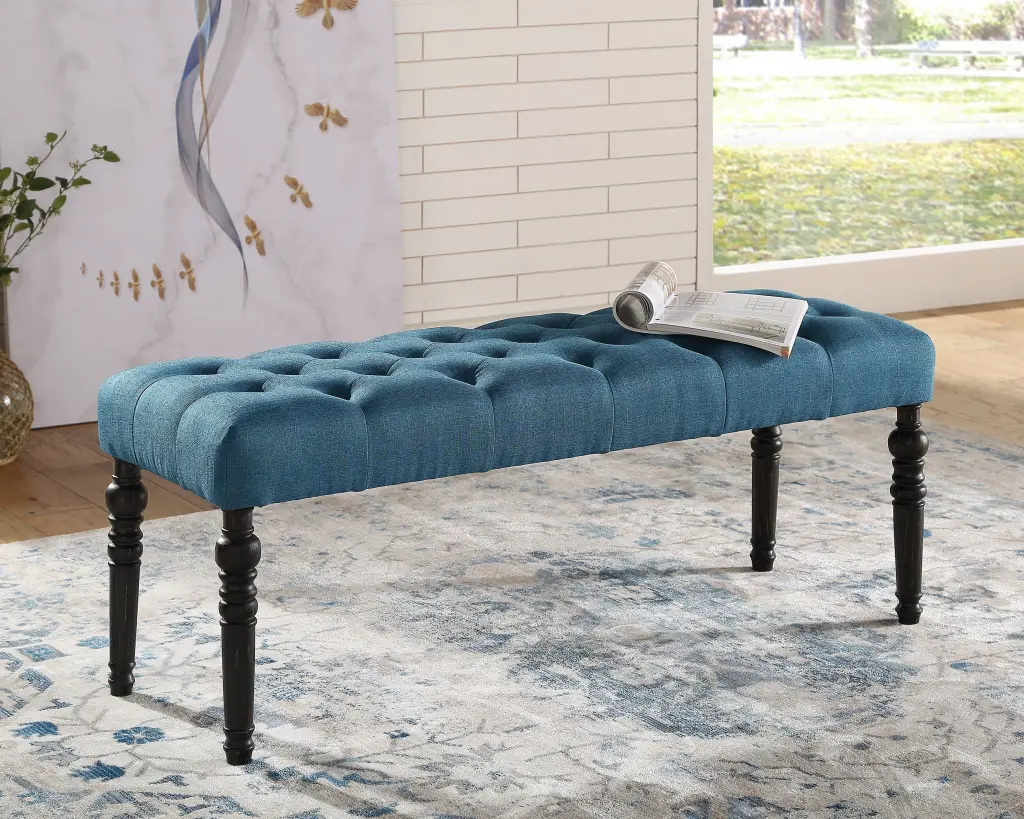 Leviton Material Tufted Turned Leg Dining Bench Blue Timber hz