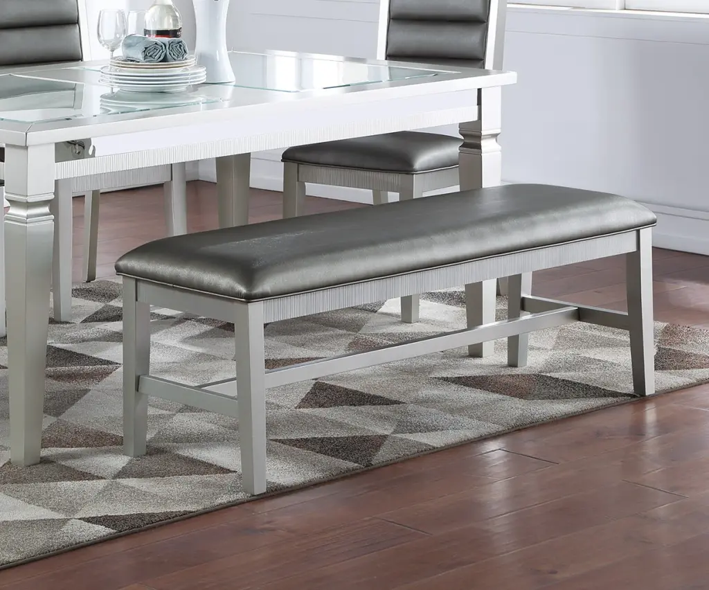 Elegant Shiny Metal Finish Dining Bench Elastomer Wood Cushion Faux Leather kanepe
