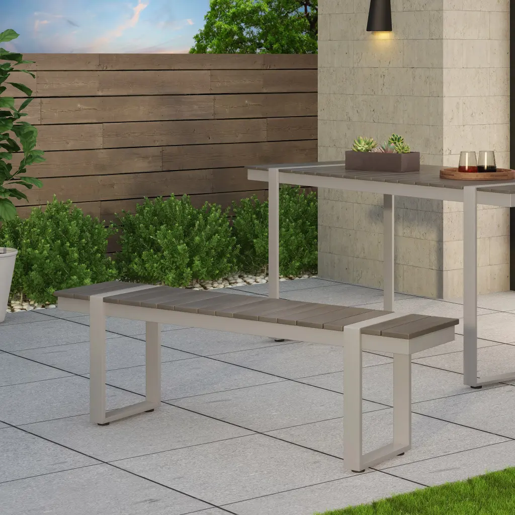 Dining Bench Shiny Metal Frame and Gray Timber Seat nh-uhome