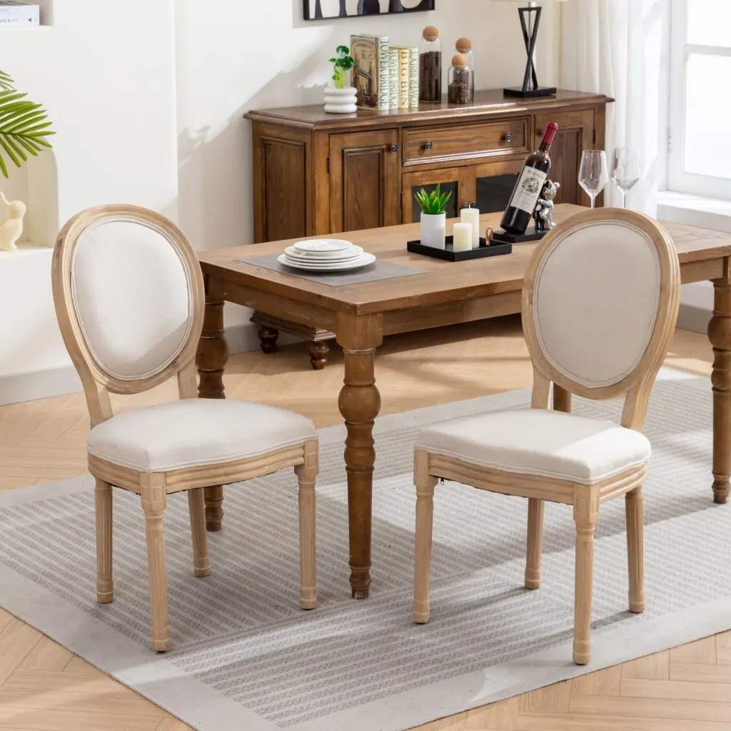 French Style Solid Timber Frame Antique Painting Linen Material Back Dining Chair a-a furniture