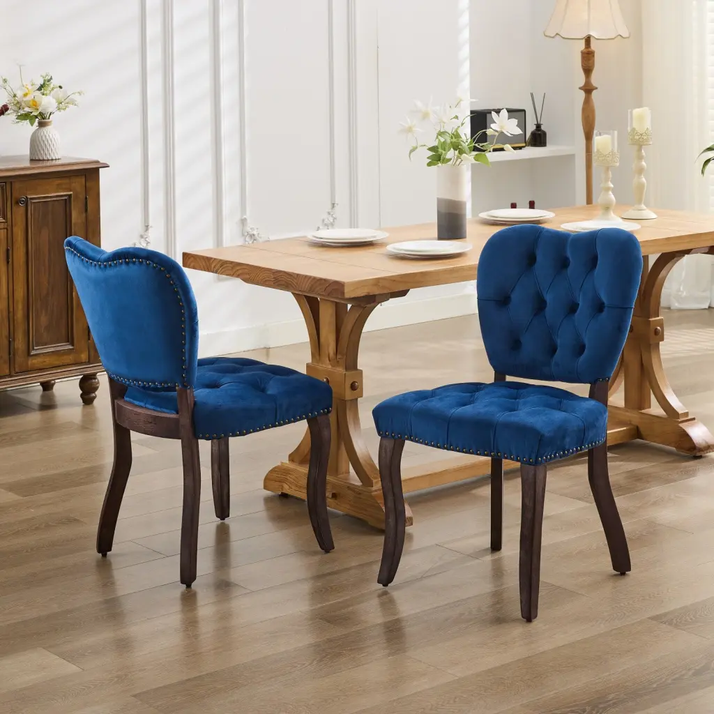 French Vintage Tufted Upholstered Fabric Dining Chair Set 2 Blue Swivel a-a furniture