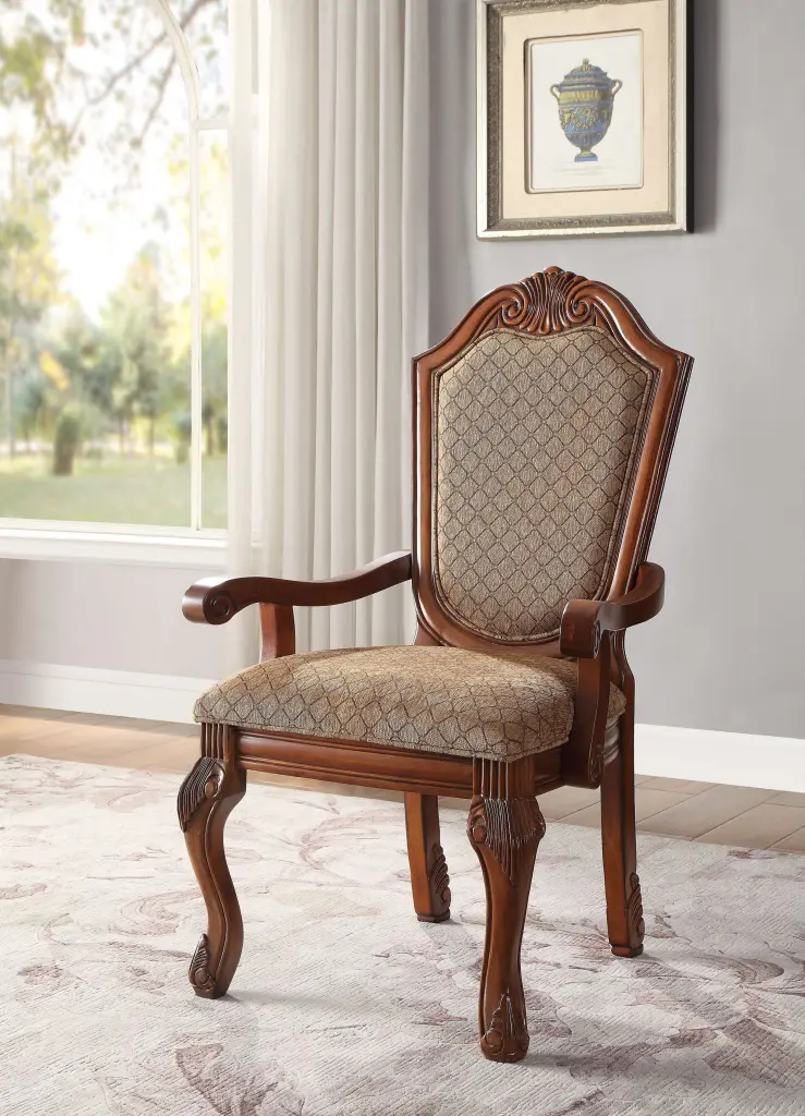 Chateau De Ville Arm Chair Set 2 - Cherry Fabric Upholstered Dining Chairs acme onsite store