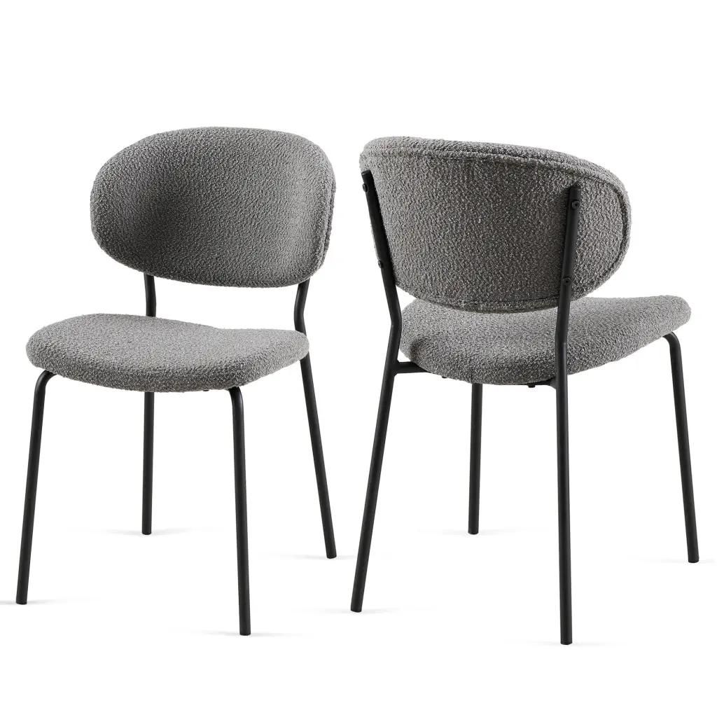 Grey Boucle Fabric Dining Chairs Set 2 Metal Legs Modern Kitchen Chairs bn smart home w1164