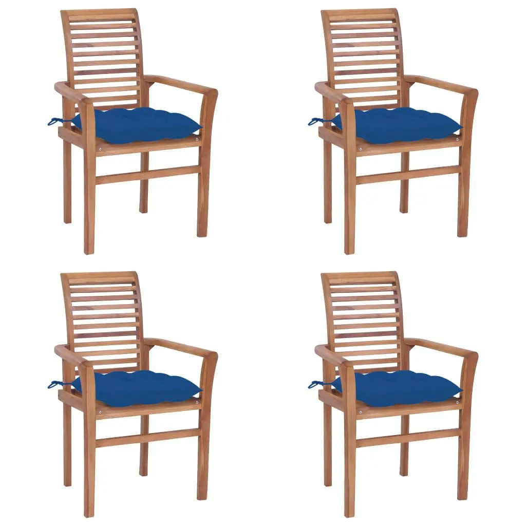 Dining Chairs 4 Pieces Blue Cushions Solid Teak Wood Kitchen Chairs