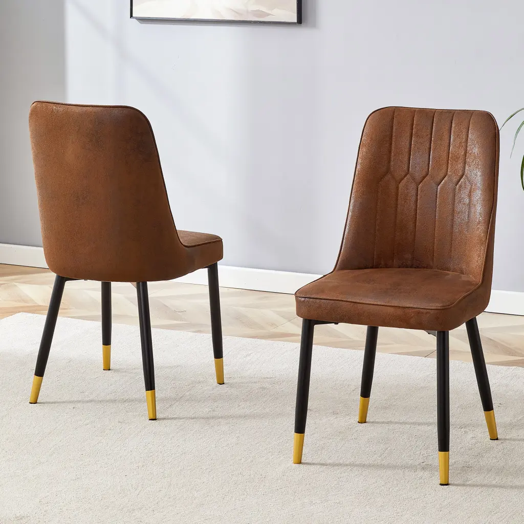 Brown Suede Like Velvet Dining Chair Set Two Pack Black Metal Legs droom w-1151