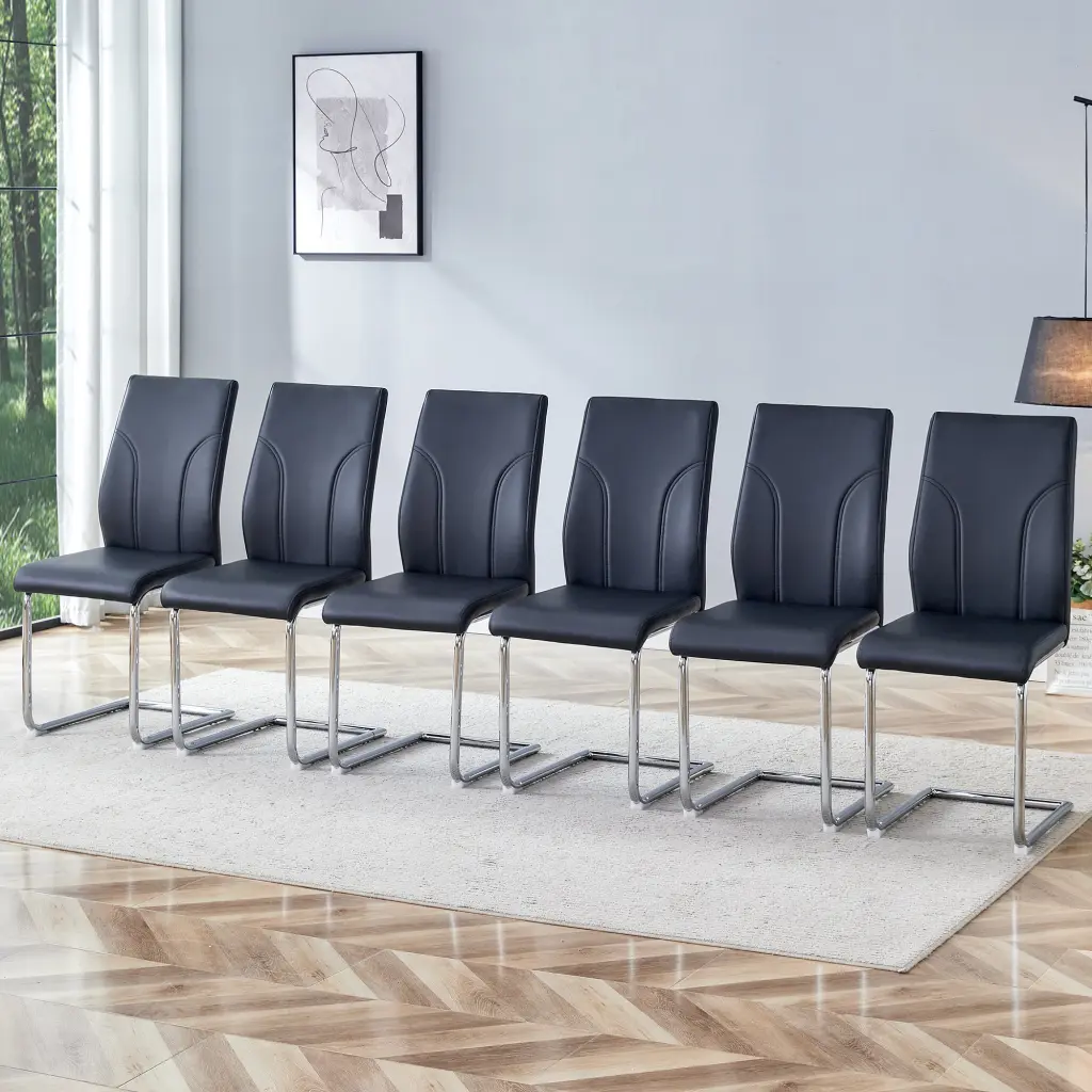 6 Dining Chair Set Black PU Fabric High Back Seat Modern Kitchen Chairs droom w-1151