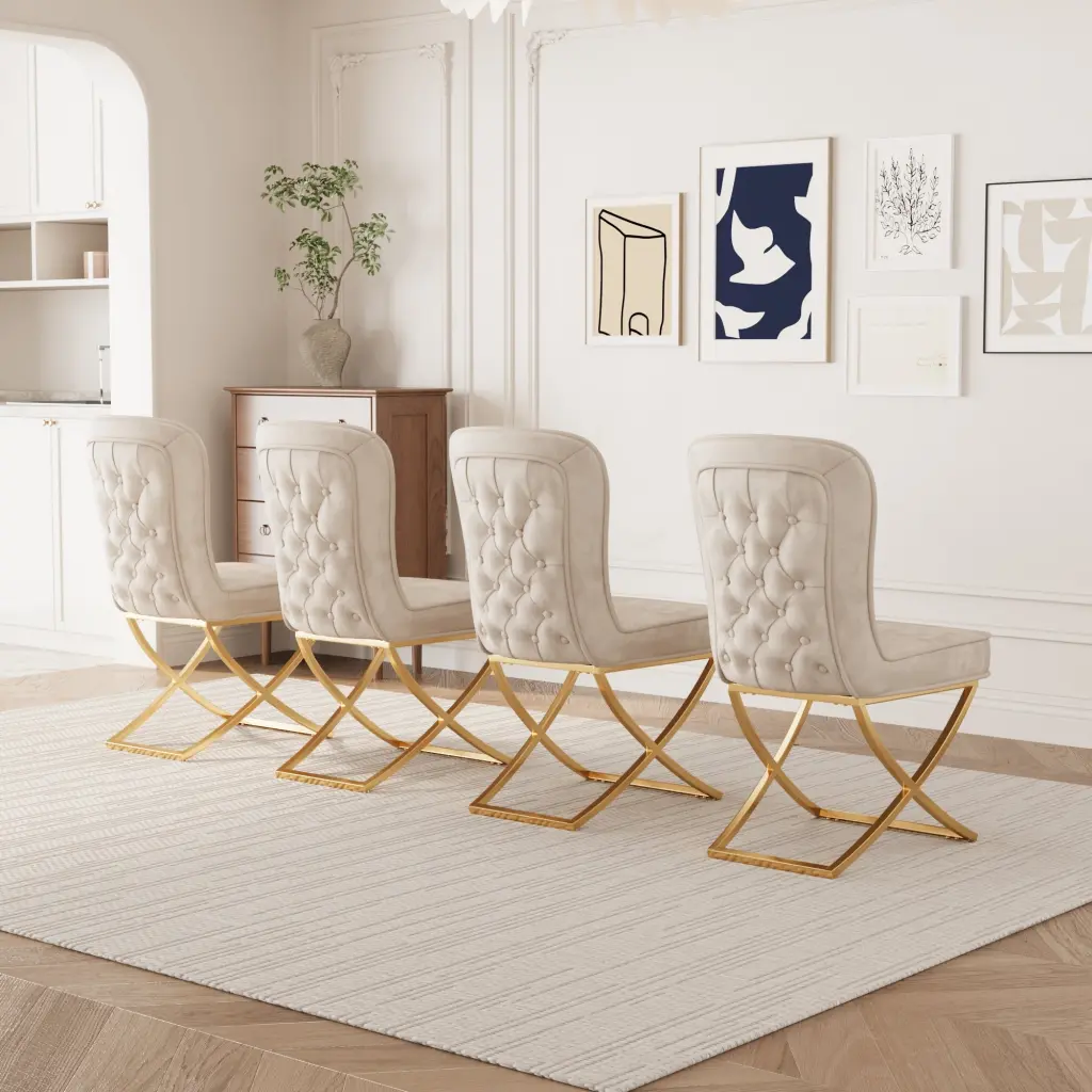 Dining Chair Set 4 Beige Velvet Backrest and Precious Metal Metallic Legs eka furniture
