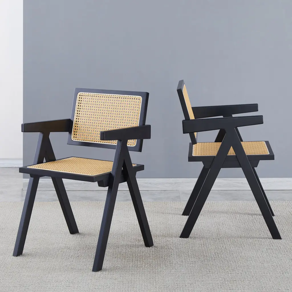 2 Dining Chairs Black Rubber Wood Solid Wood Production Rattan Modern Kitchen Chairs haizhijia