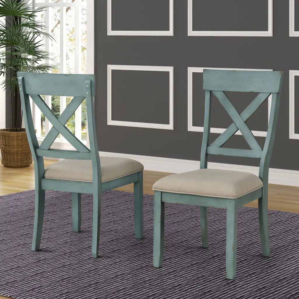 Prato Timber Cross Back Upholstered Dining Chairs Set 2 Antique Blue hz
