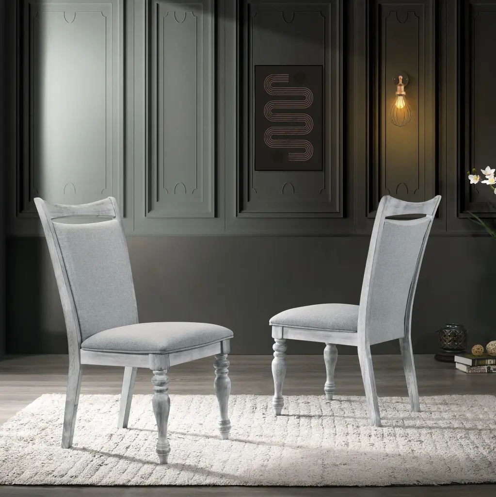 Salines Upholstered Turned Leg Dining Chairs Set 2 Rustic White Wood hz