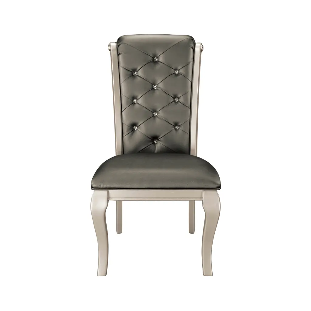 Crystal Button Tufted Side Chairs 2Pc Set Silver Finish Wood Frame Gray Upholstery kanepe