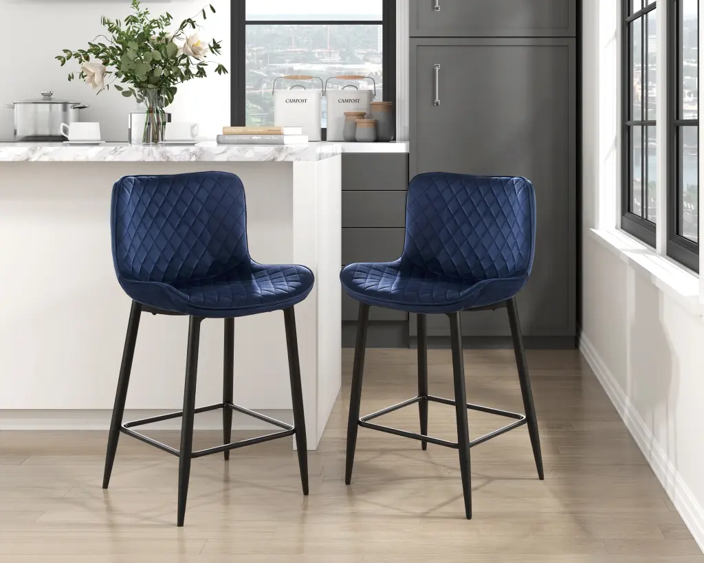 Set 2 Counter Height Chairs Dark Blue Velvet Upholstery Modern Casual kanepe