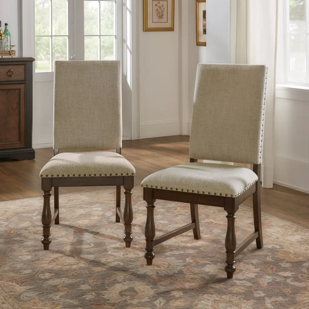 Traditional Classic Brown Dining Chair Set 2 Beige Upholstered Chairs Dining Room kanepe