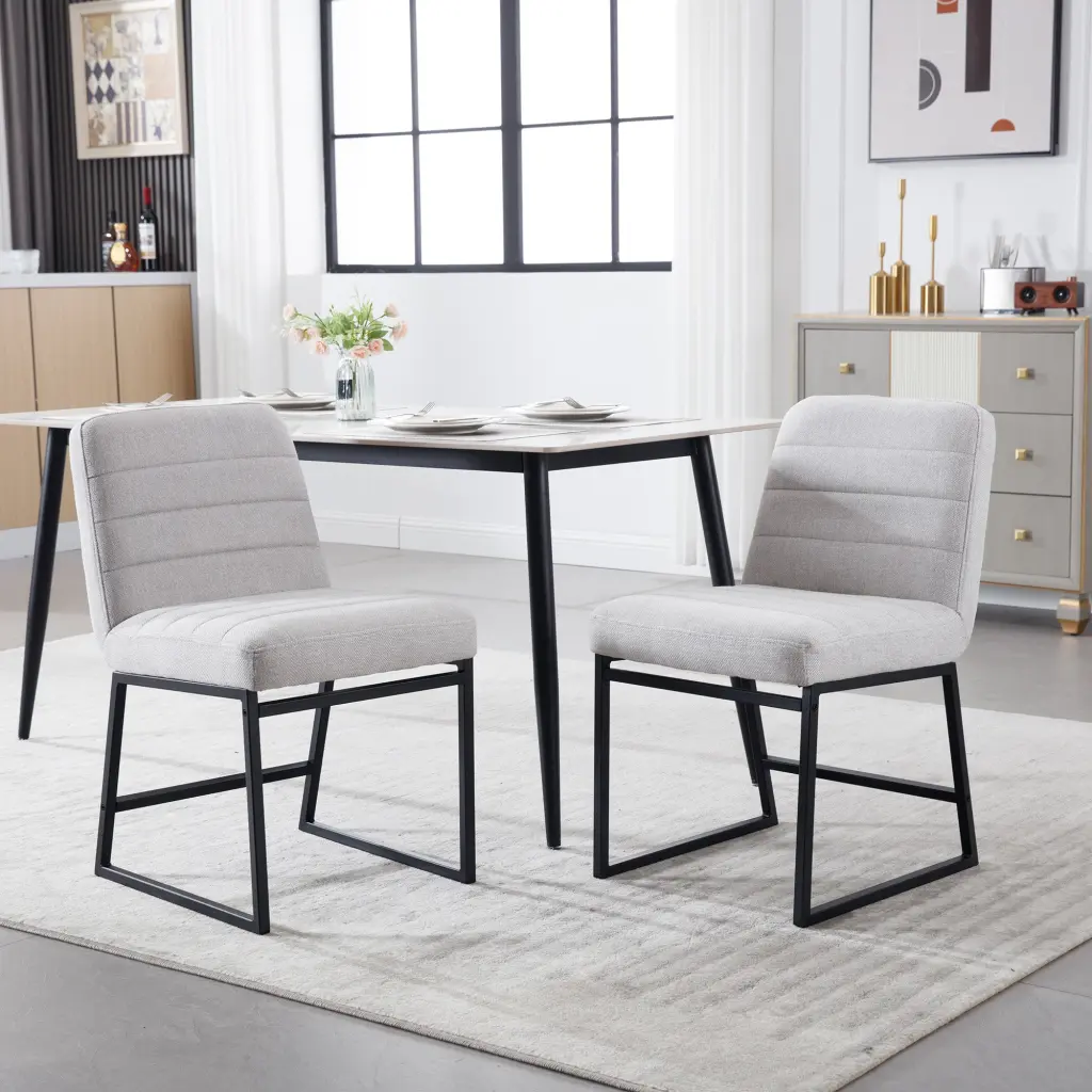 Upholstered Linen Dining Chairs Set 2 Metallic Legs Mid Century lesscasa