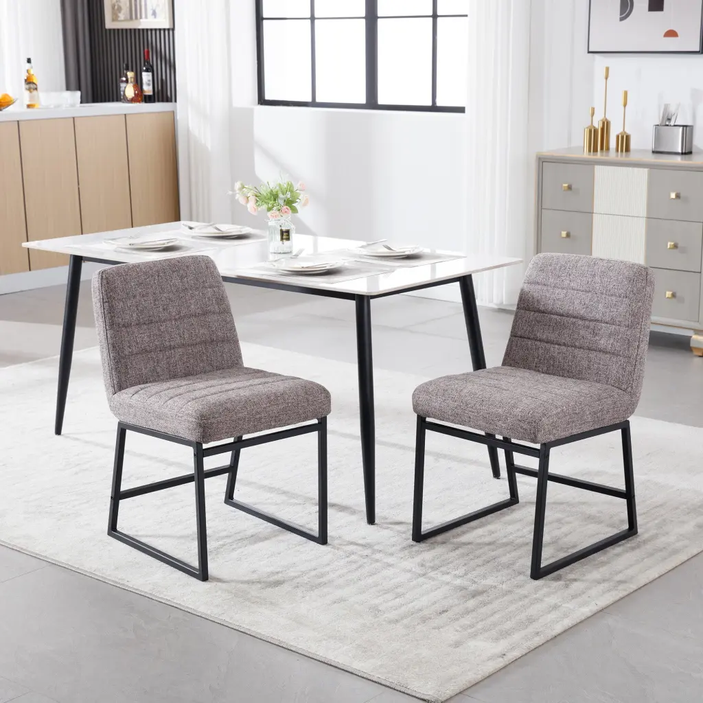 Upholstered Linen Fabric Dining Chairs Set 2 Metal Legs Mid Century Design lesscasa