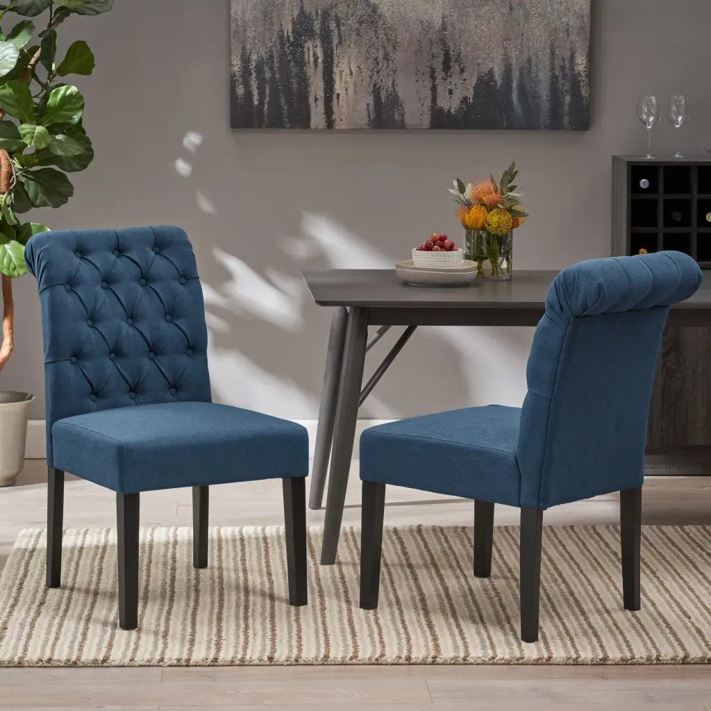 Broxton Tufted Dining Chair Set 2 Navy Blue Rolltop Upholstered Seats nh-cloudhouse