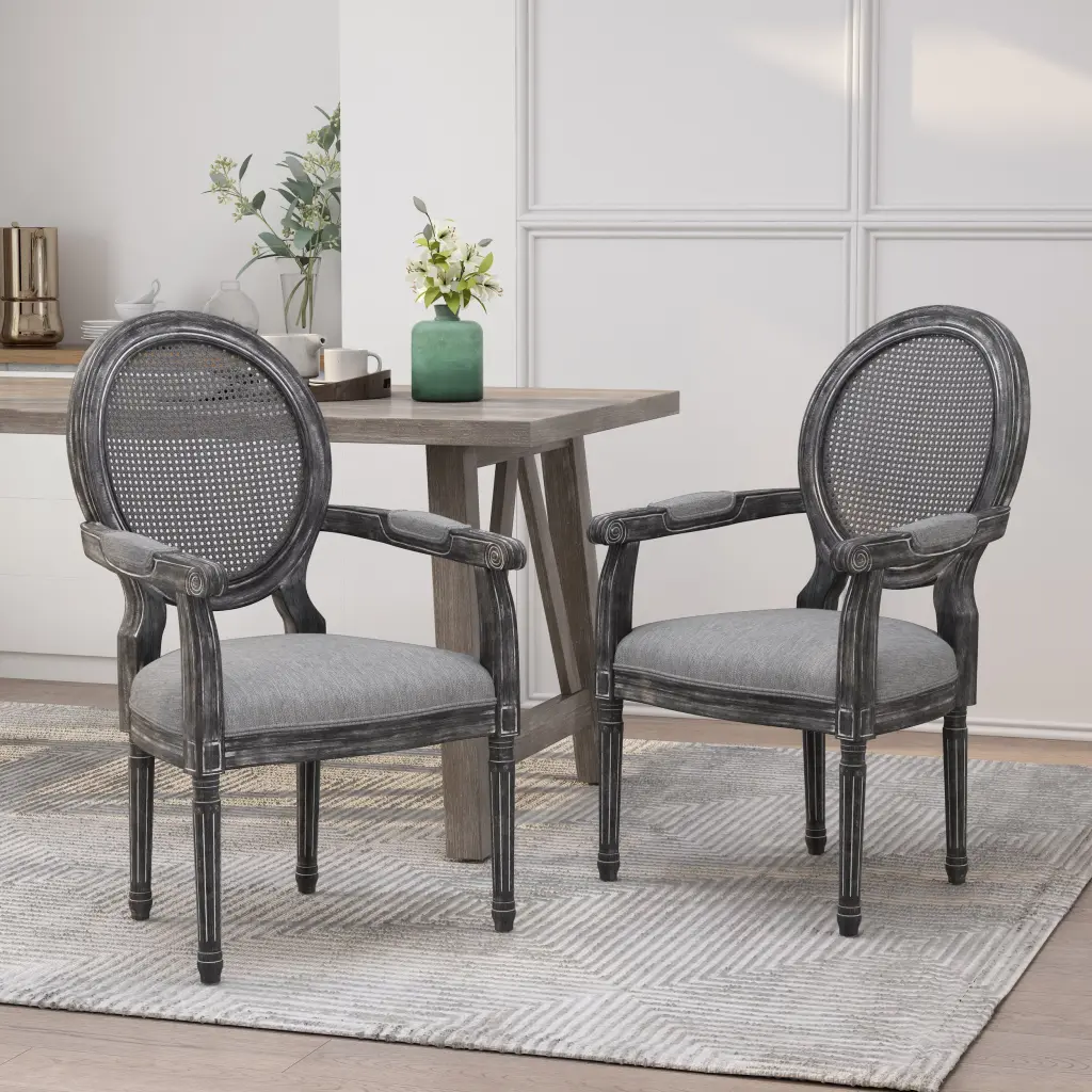 Wood and Cane Upholstered Dining Chair Set 2 Grey Rattan Kitchen Chairs nh-inmax