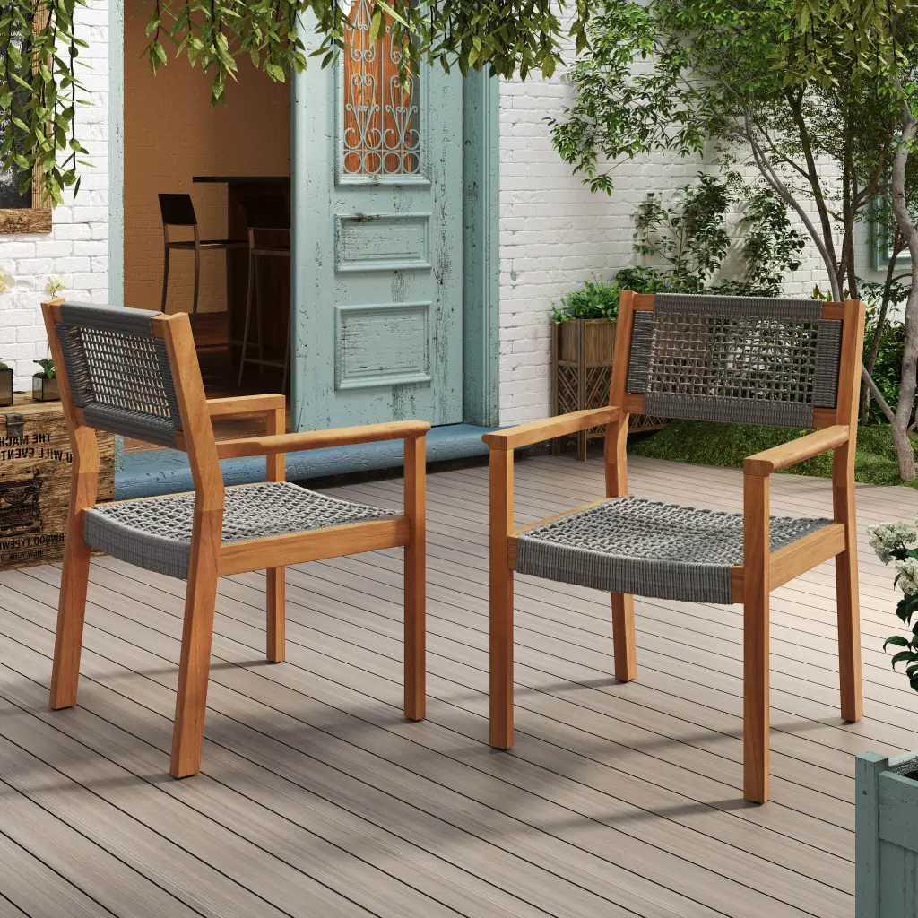 Braided Dining Chair Dark Grey Teak Acacia Wood Rope Seat nh-perfect home