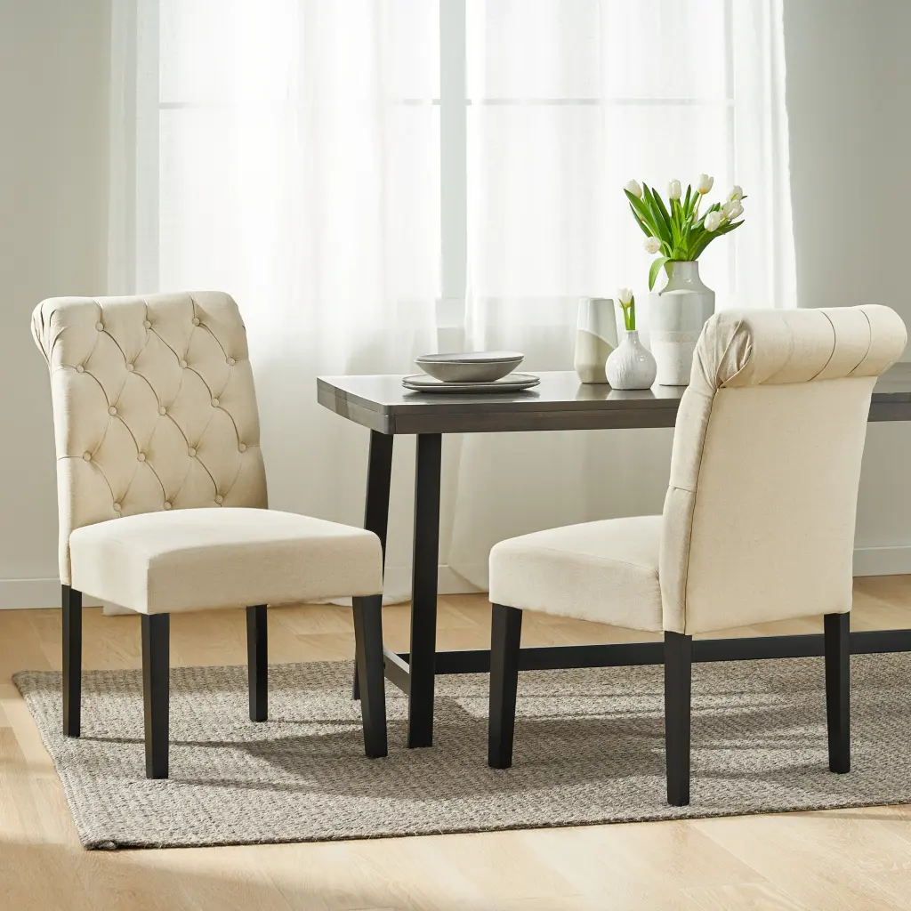 Broxton Tuft Dining Rolltop Set 2, Ivory Wood Chairs nh-perfect home