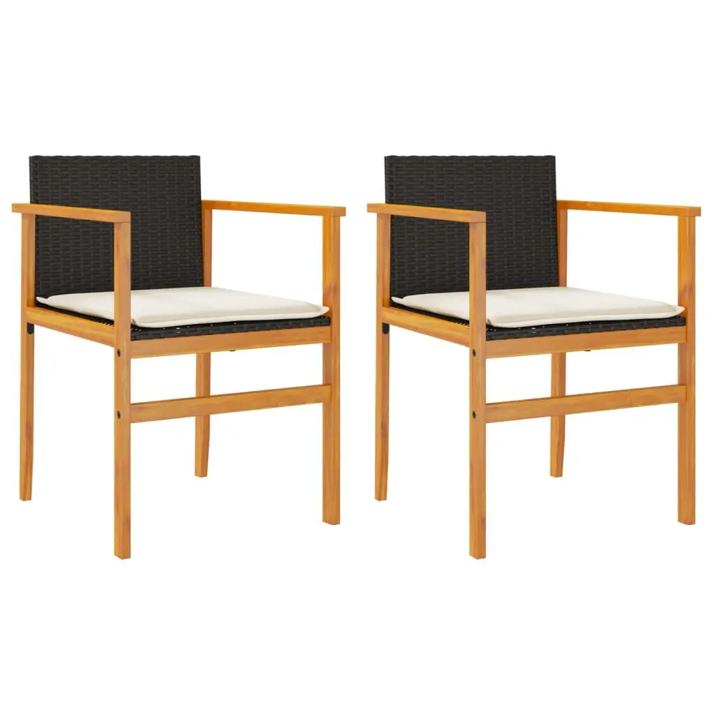 Patio Chairs Cushions 2 Piece Set Black Poly Rattan and Solid Wood Outdoor Seating