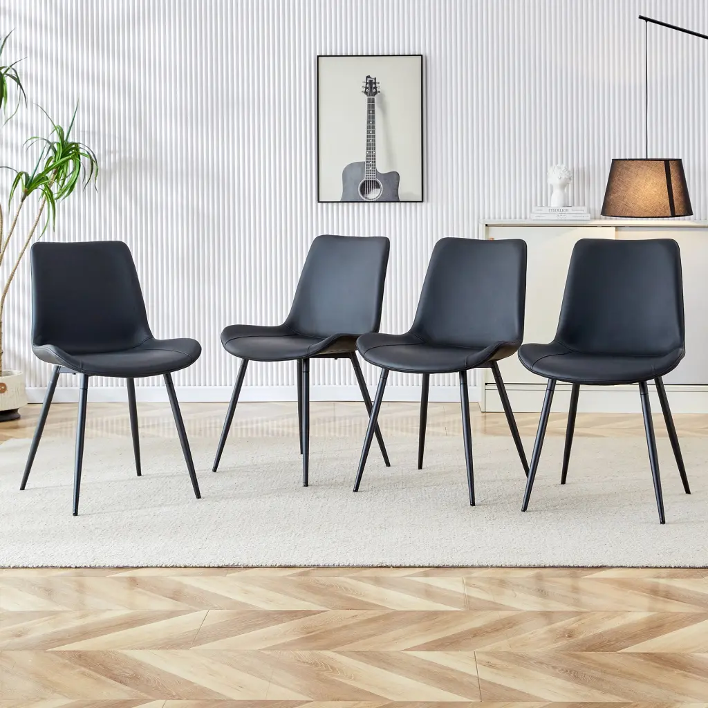 Black Artificial Leather Backrest Cushion Dining Chair Black Metal Legs Set 4 rnb