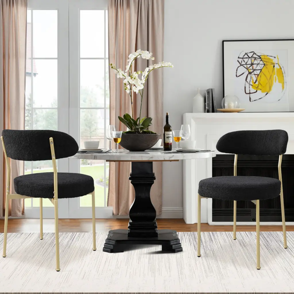 Boucle Upholstered Dining Chair Curved Backrest Metallic Leg Modern Kitchen rnb