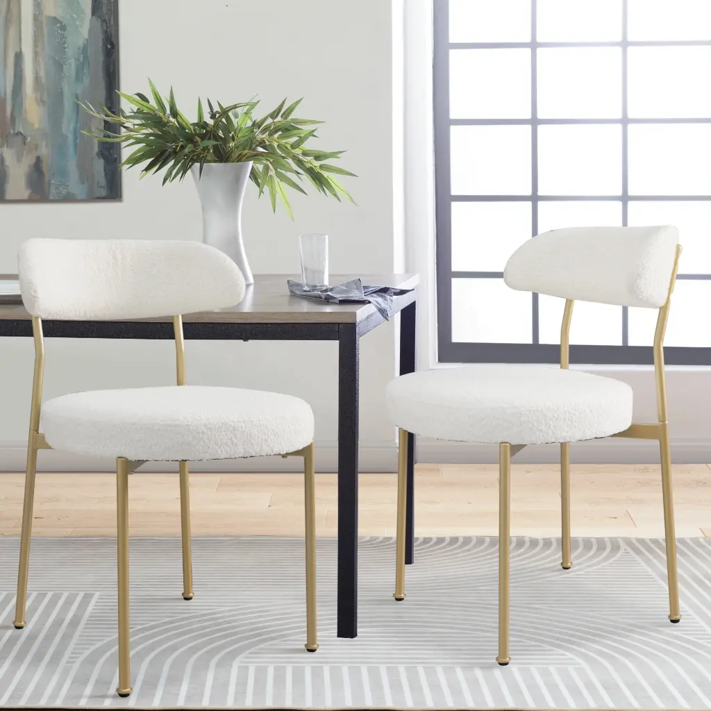Boucle Upholstered Dining Chairs Curved Backrest and Gold Metal Legs rnb