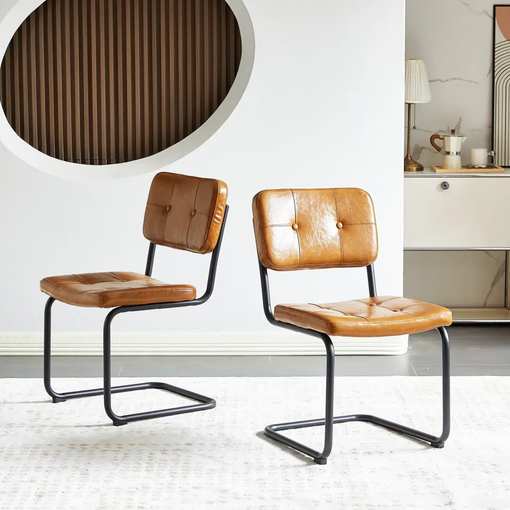 Brown Modern Effortless Style Dining Chair PU Leather Black Metal Pipe Frame rnb