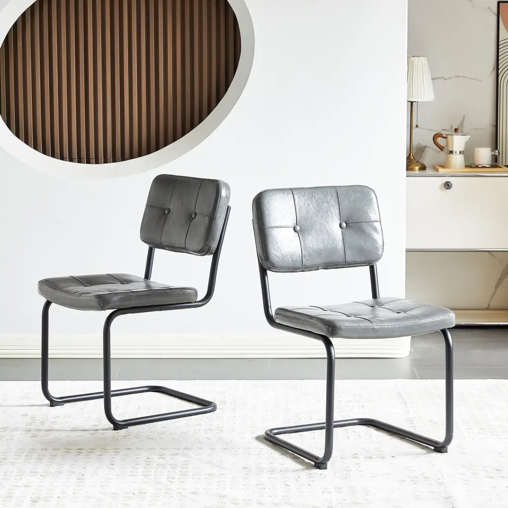 Light Grey Modern Effortless Style Dining Chair PU Hide Black Metallic Piping rnb