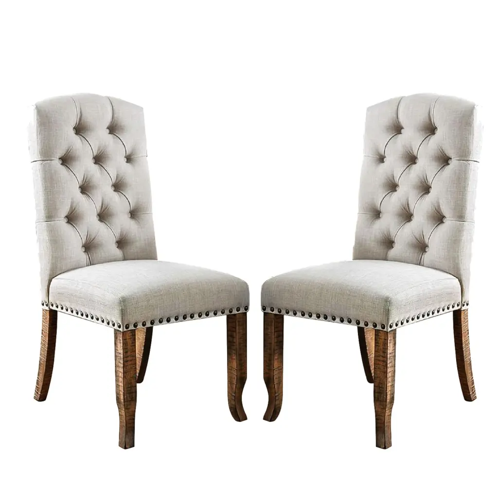 Set 2 Ivory Upholstered Dining Chairs Rustic Oak Finish simple relax