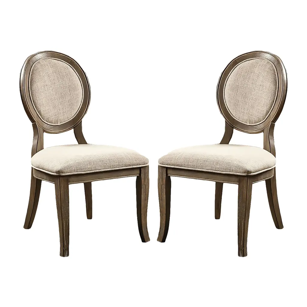 Set 2 Padded Beige Fabric Dining Chairs Rustic Oak Finish Solid Wood simple relax