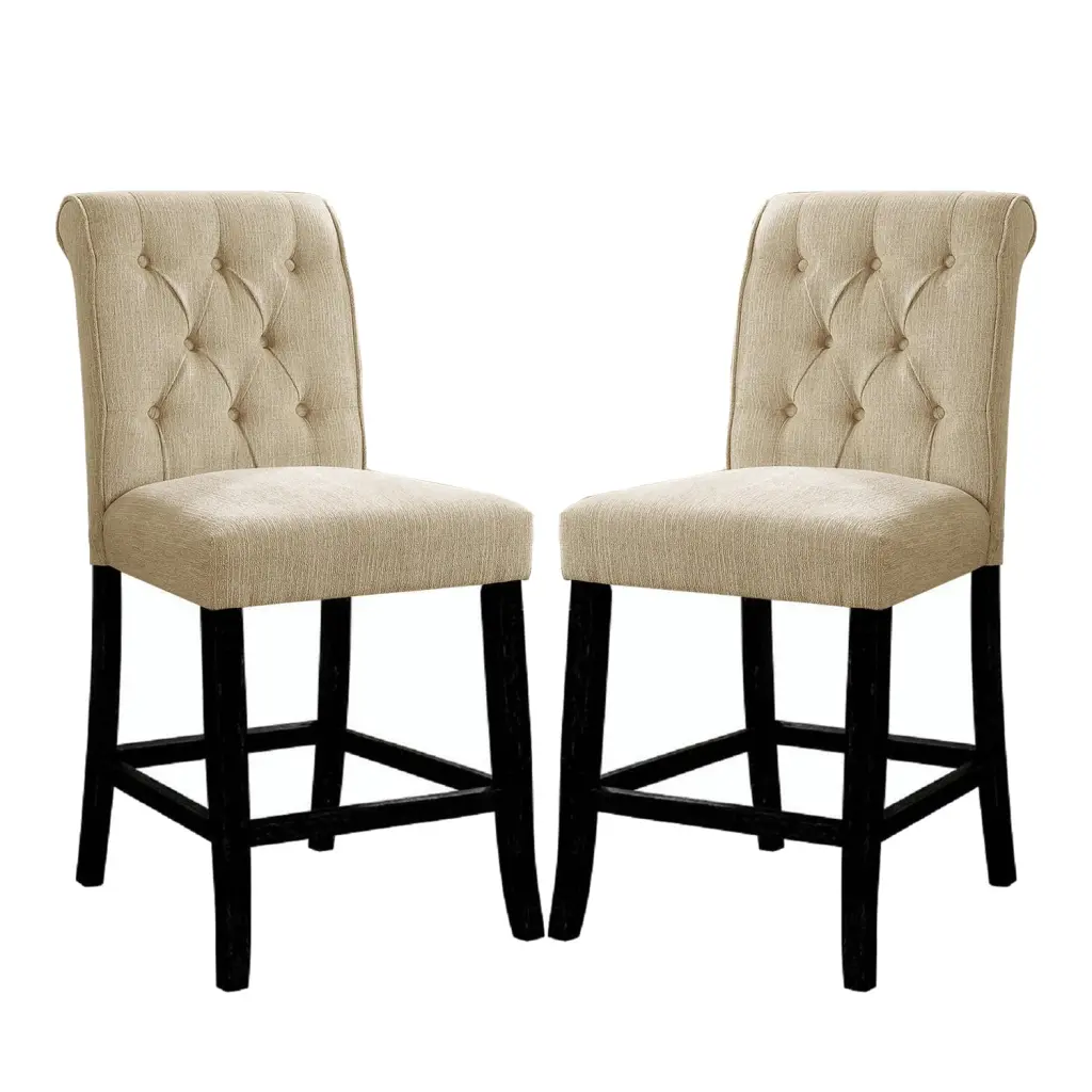Set 2 Padded Chenille Dining Chairs Beige And Antique Black Solid Wood Legs simple relax